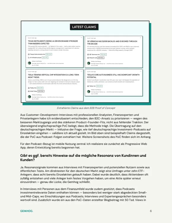 Project sketch page with analyzed investment claims